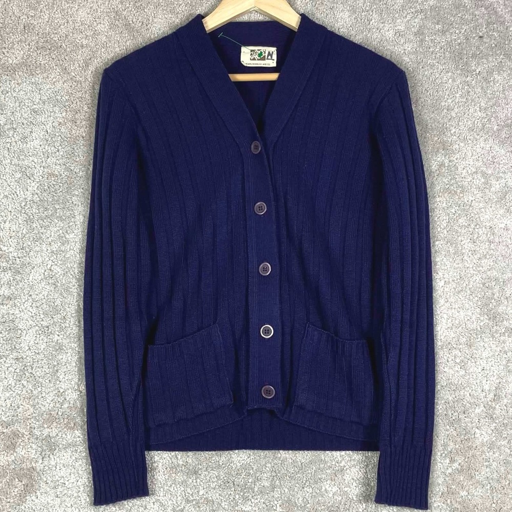 Vintage 70s Sears Cardigan Womens M Purple Ribbed Knit V-Neck Grandma Cozy 80s